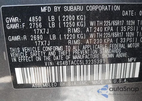 2020 Subaru Outback Premium из США, поврежденный, VIN 4S4BTACC5L3235391